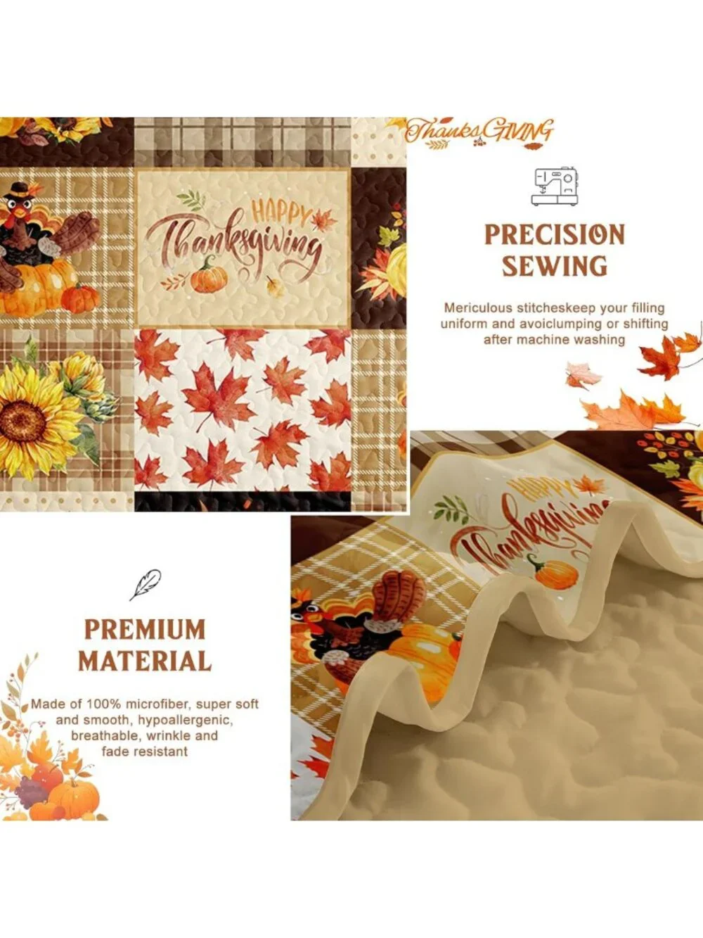 Cozy Fall Patchwork King Quilt Set, 3-Piece Thanksgiving Bedding, Brown Tones